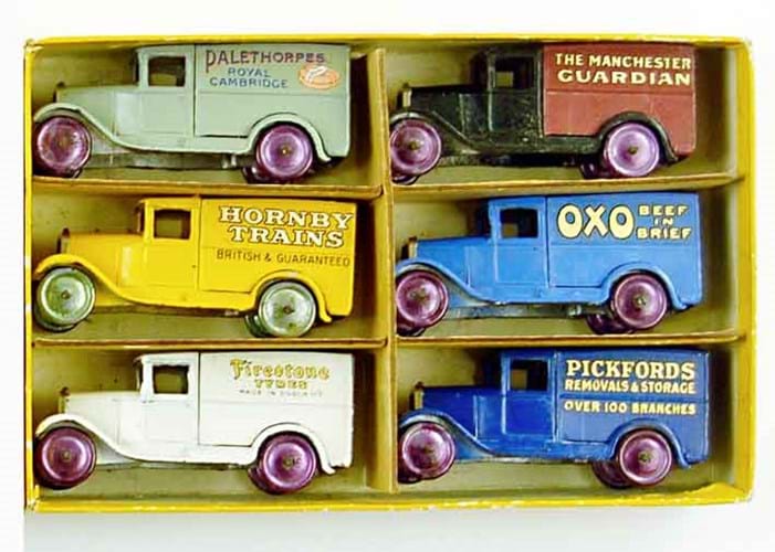 Six Dinky Toy Cars in a Meccano box
