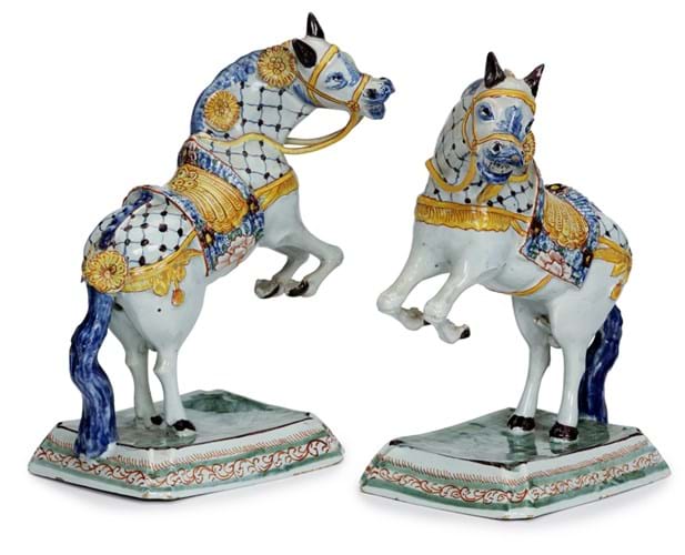 Delft polychrome prancing and Flehming horses