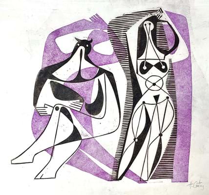 Abstract image of 2 figures in pink and white