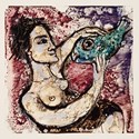 Topless woman with a fish 