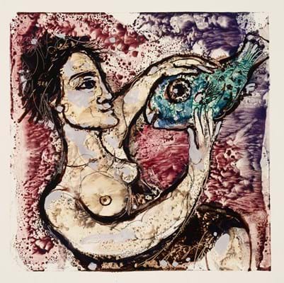 Topless woman with a fish 