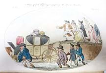 Caricatures depict eccentric excursions including stagecoach on the sands