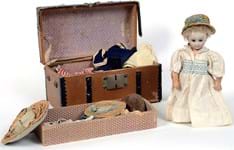 19th century doll comes with trunk of clothes too