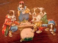 Greeting card see-saw puppies on a high