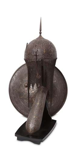 19th century Iranian Qajar helmet, shield and armguard