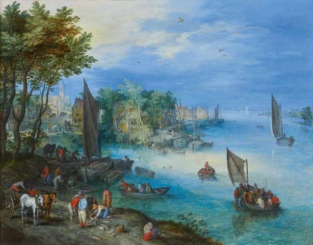 ‘River Landscape with Fishers and a Cart’, an oil on copper by Jan Brueghel the Elder