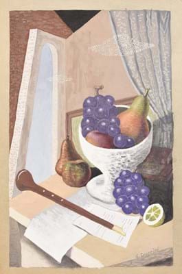 Gino Severini, Bodegón con bowl de fruta e instrumento de viento_Galería Cisne.jpg