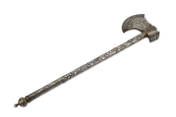 Sikh silver-foiled saddle axe