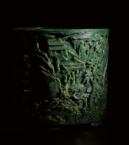 10112, A Finely Carved Large Spinach-Green Jade 'Immortals' Brushpot.jpg