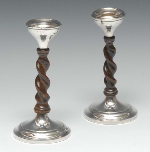 Silver and oak candlesticks