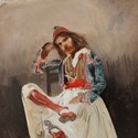 BAYSER de, Eugène Delacroix (1798- 1863), Personnage en costume de palikare, assis, ca 1824-25, Huile et crayon noir sur toile, 34,5x23,5 cm.jpg