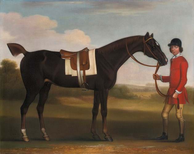 Seymour - A dark bay horse held by a liveried groom in a landscape.jpg