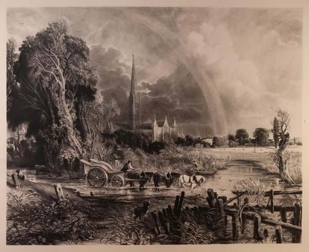 ‘The Rainbow, Salisbury Cathedral’, a mezzotint by David Lucas after John Constable
