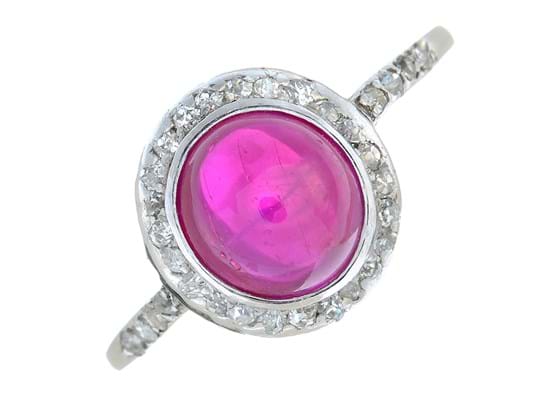 Burmese ruby cabochon and old-cut diamond cluster ring