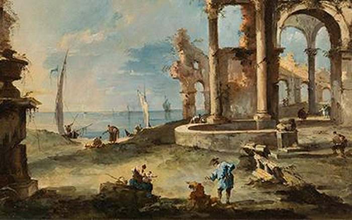Cropped - A capriccio ruined building by the coast, with figures, Francesco Guardi (1712-1793).jpg