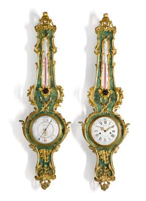 A Louis XV-style gilt-mounted 'corne verte' wall clock and matching barometer, circa 1880 £15,000-25,000.jpg