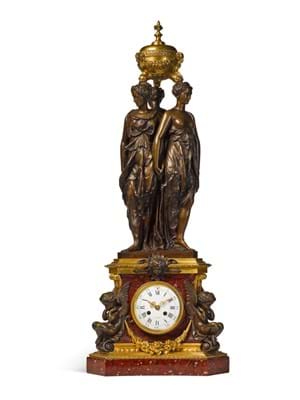 A patinated bronze and griotte marble 'Three Graces' clock, by Victor Paillard, after the model By Germain Pilon, French, circa 1855, est.£5,000-8,000 (ii).jpg