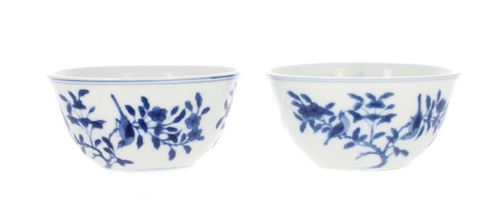 Blue and white ‘bird and tree’ bowls