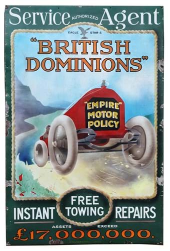 British Dominions Empire Motor Insurance enamel sign