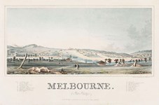 Early coloured print of Melbourne under the hammer