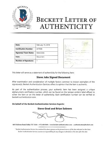 Letter of authenticity