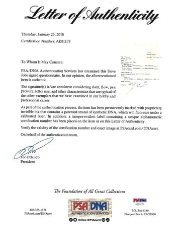A letter of authenticity from PSA/DNA Authentication Services