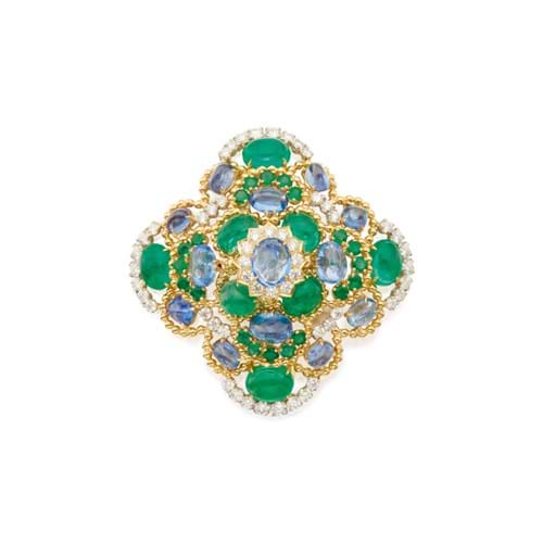 Sapphire, emerald and diamond clip-brooch.