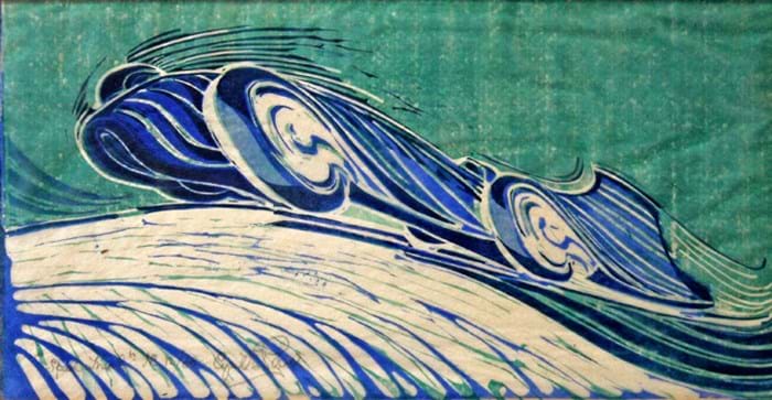 Speed Trial by Cyril Power - linocut from c.1932