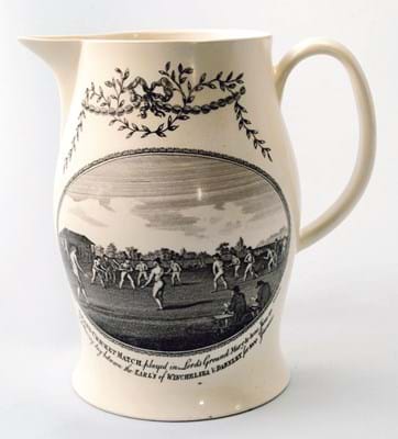 Creamware jug printed with scenes of a cricket match