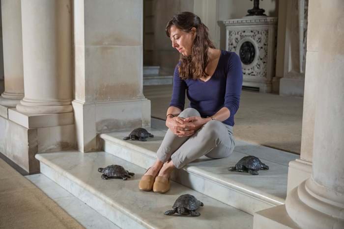 Dr Elena Greer with four bronze tortoises 