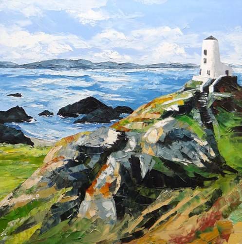 A painting of a coastal scene
