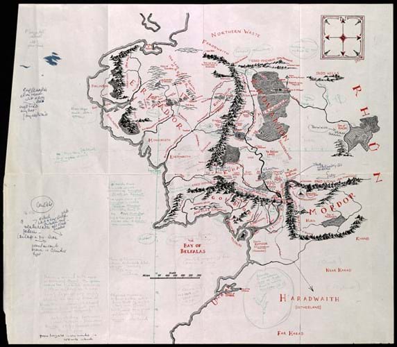 Middle-earth map annotated by Tolkien and Baynes