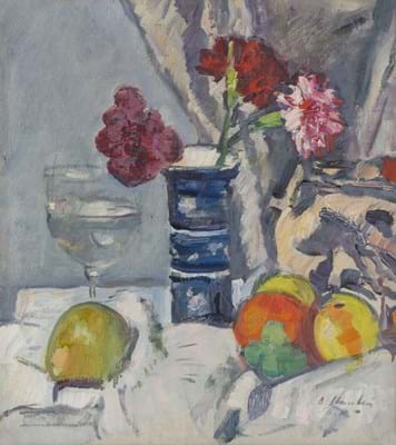 A Still life of roses and fruit by George Leslie Hunter
