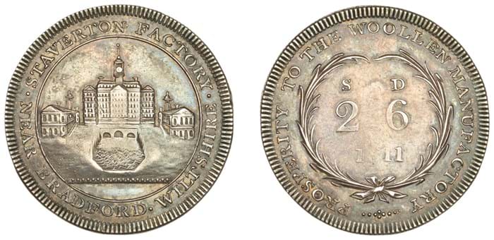 Silver half crown token with a view of Staverton Mill