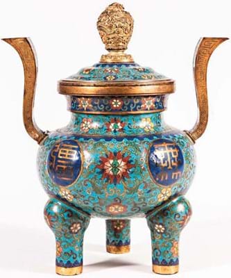 Chinese cloisonne tripod censer and cover