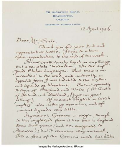 Handwritten letter by J.R.R.Tolkien