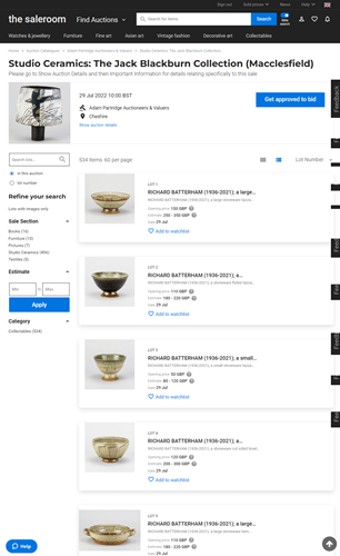 An online catalogue for a ceramics auction