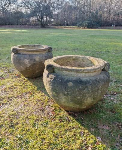 Cotswold limestone scroll pots
