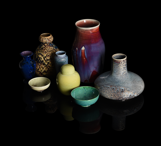 A group shot of Ruskin pottery